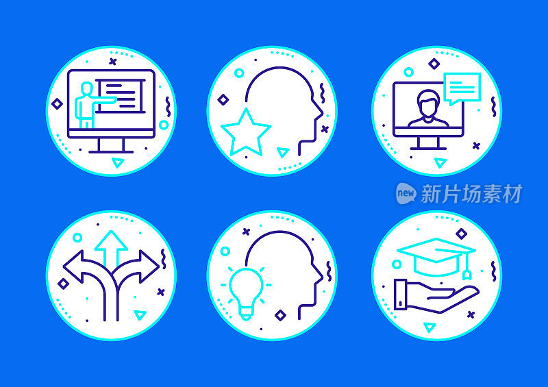 E-Learning, Online Education and Distance Education相关线图标。向量符号说明。